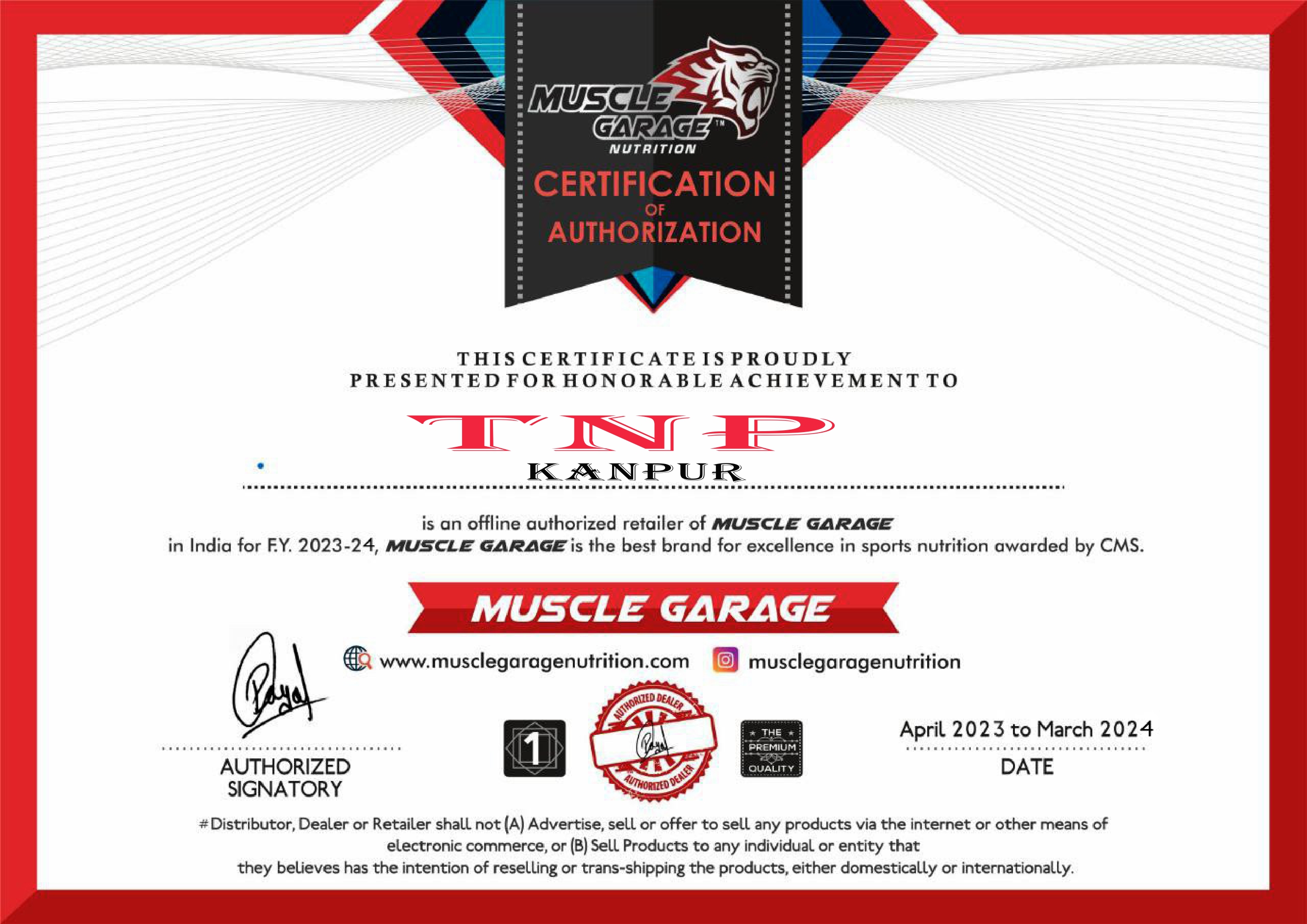 Certificate of Authorized Super Stockist from Muscle Garage